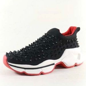 Black Studded Spike Slipon Sneakers Red Sole